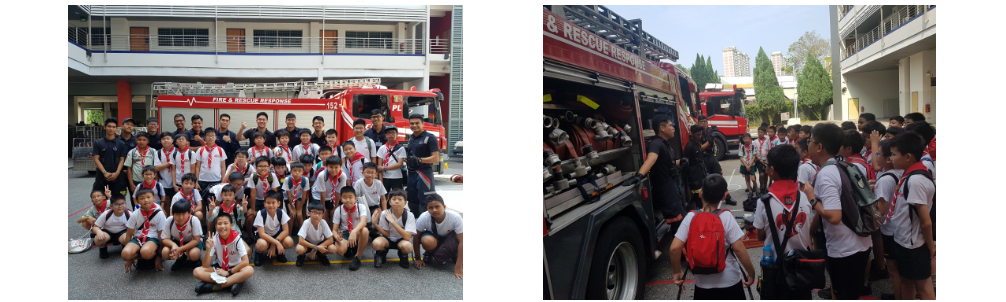 A montage of two pictures showing a group of primary school boy scouts posing in front of a fire engine one picture exploring the fire engine in the other picture
